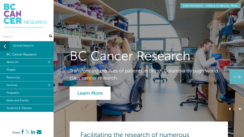 BC Cancer Research homepage with navigation menu and hero section highlighting cancer research in British Columbia