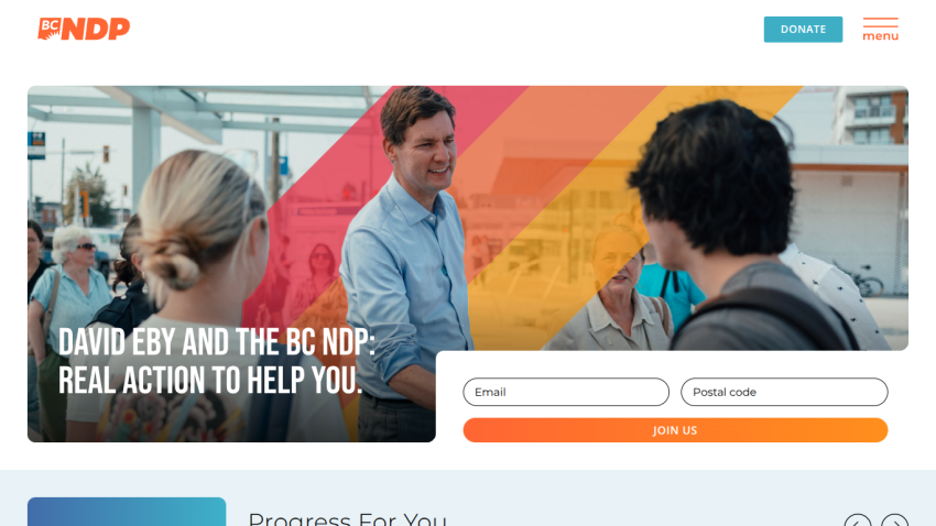 BC NDP homepage with headline about David Eby and real action, email and postal code signup form, donate button, and menu.