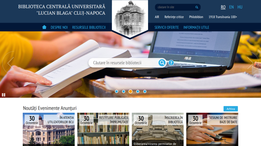 University Central Library Lucian Blaga Cluj-Napoca homepage with search bar and news announcements dated October 30