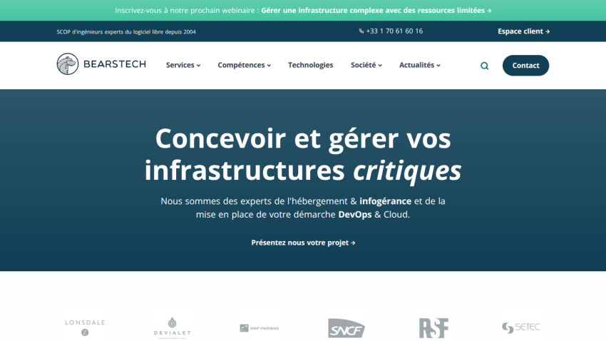Bearstech homepage offering expert hosting, infogérance, DevOps, and cloud infrastructure services with client logos below