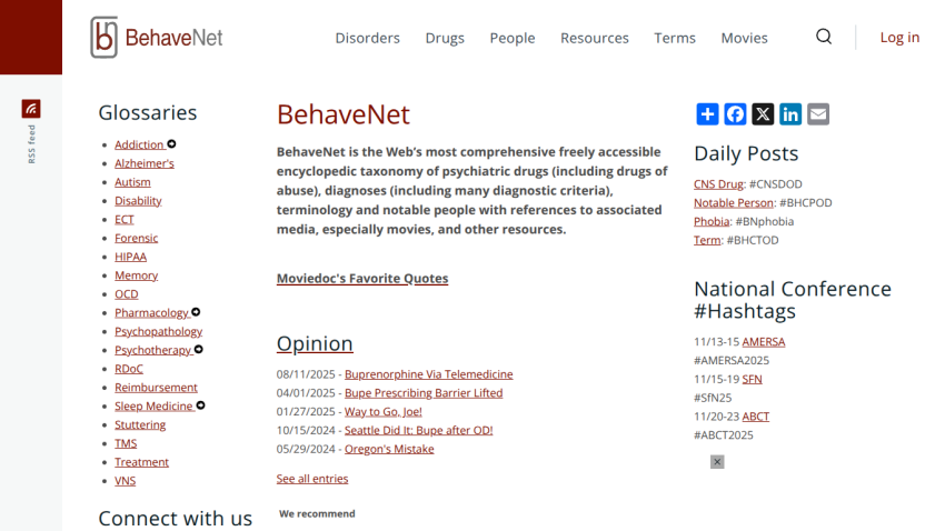 BehaveNet homepage with navigation links, glossary topics, daily posts, and conference hashtags about psychiatric drugs and disorders