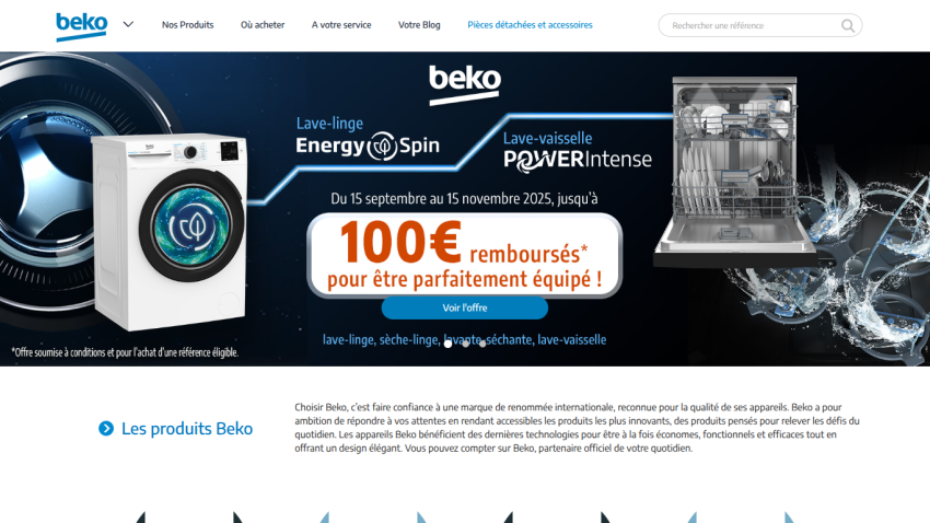 Beko homepage showing washing machine and dishwasher with promotion for 100€ cashback from Sept 15 to Nov 15, 2025