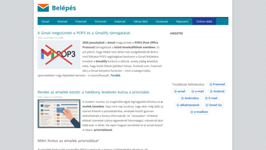 Hungarian email news site with articles on Gmail ending POP3 support and email prioritization tips
