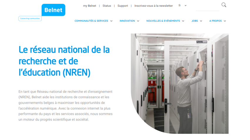 National research and education network (NREN) overview with a technician working in a data center.