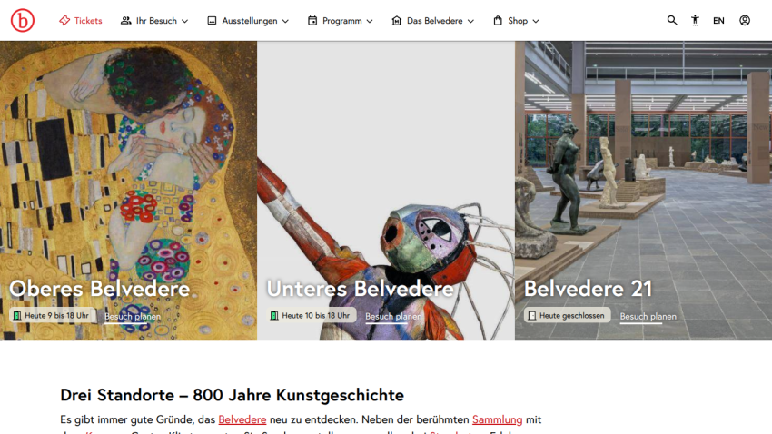 Website showcasing three locations of the Belvedere art museum with images and descriptions.