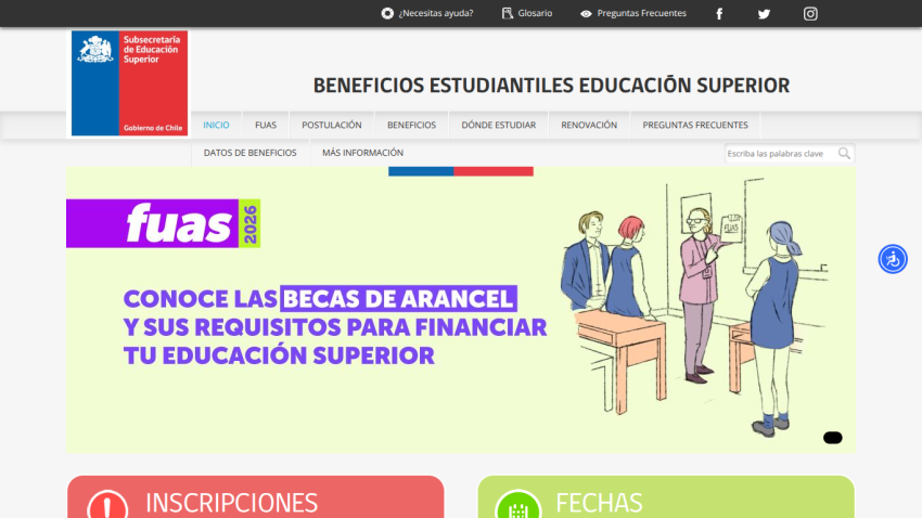 Chilean government education site offering information on tuition scholarships and requirements for higher education funding.