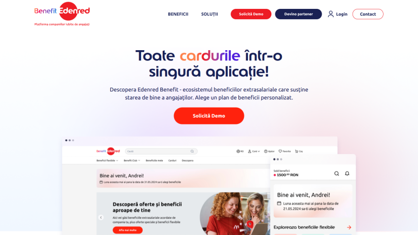 Edenred Benefit platform homepage with headline about all cards in one app, demo request button, and screenshots of the app interface