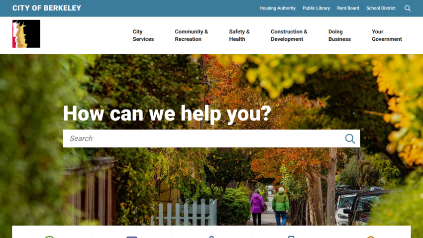 City of Berkeley website homepage with search bar and navigation links for city services and community resources