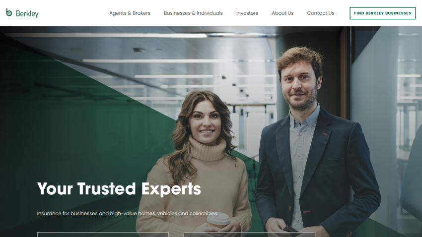 Insurance experts offering coverage for businesses, homes, vehicles, and collectibles with navigation links and call to action