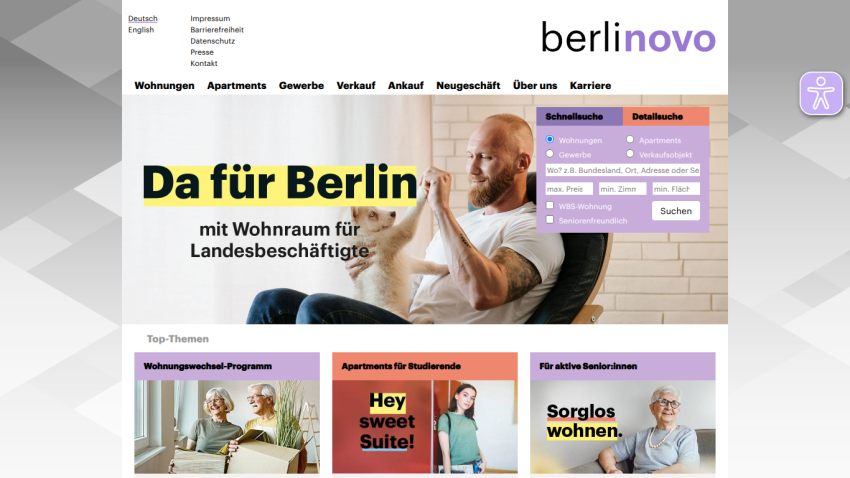 Real estate website offering housing for Berlin state employees with search options and featured topics