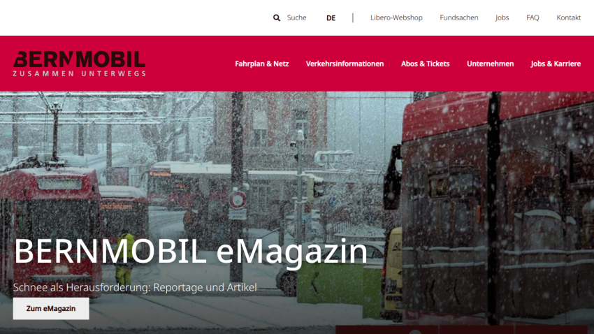 Bernmobil website with navigation and a snowy city scene promoting the Bernmobil eMagazine