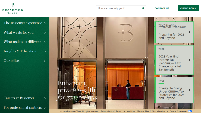 Bessemer Trust homepage with navigation links and a hero image showing a reception area and text about enhancing private wealth