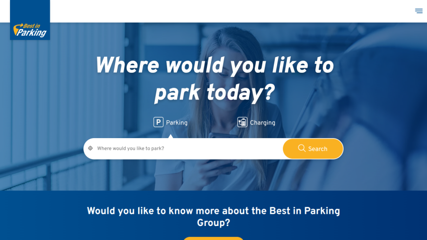 Parking service homepage with search bar asking where to park today and options for parking or charging