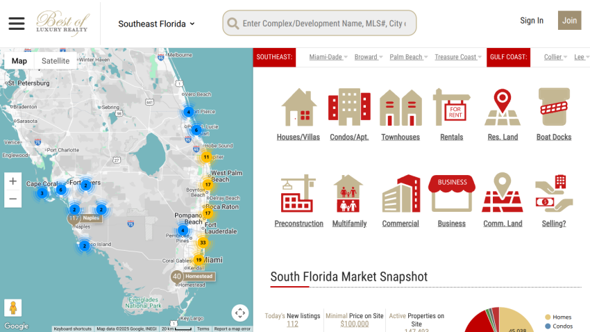 Real estate site with map of Southeast Florida, property type icons, and South Florida market snapshot statistics
