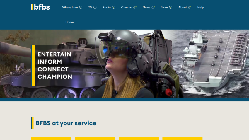 BFBS website with navigation menu and hero section featuring military technology and the text 'Entertain Inform Connect Champion'.