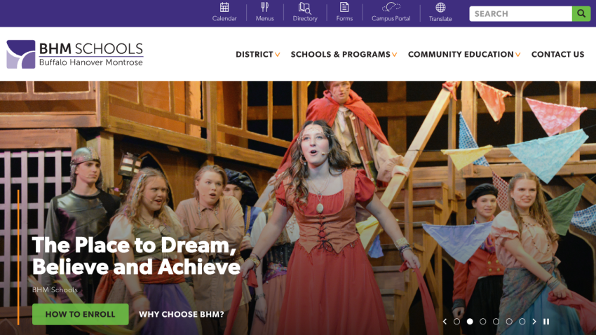 BHM Schools homepage with navigation menu, slogan 'The Place to Dream, Believe and Achieve', and enrollment call-to-action