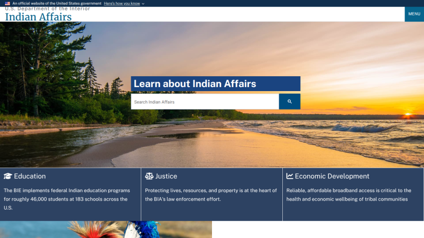 Homepage of Indian Affairs with search bar and sections for Education, Justice, and Economic Development.
