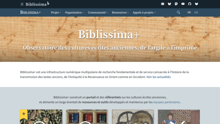 Biblissima+ homepage showcasing a research platform on ancient written cultures with navigation menu and introductory text