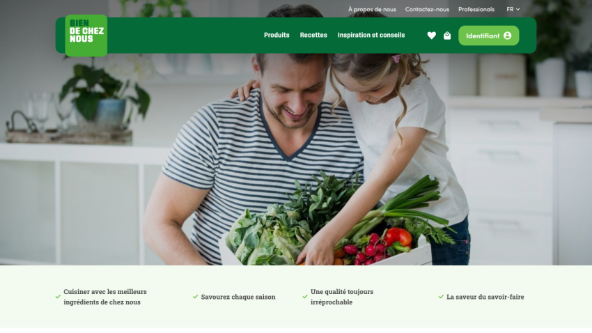 Homepage with a man and child holding a box of fresh vegetables, navigation menu in French, and key benefits of cooking with quality ingredients