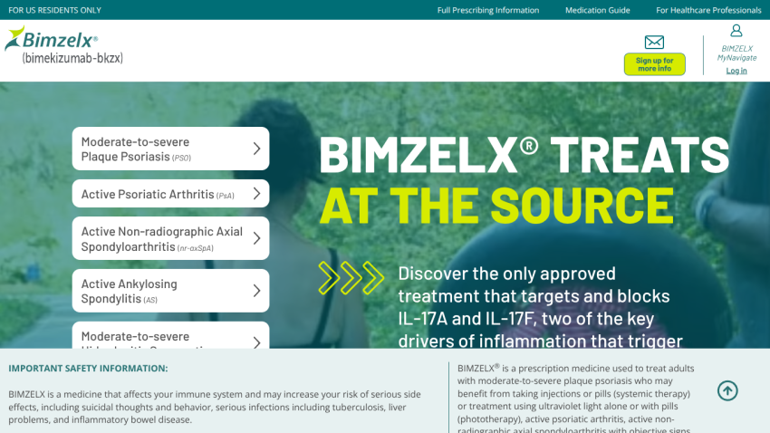 Bimzelx website promoting treatment for plaque psoriasis and related conditions with safety information