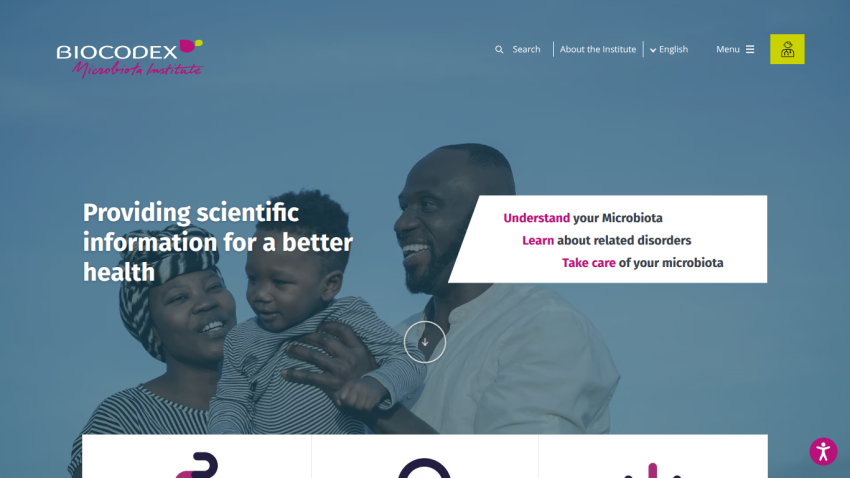 Biocodex Microbiota Institute homepage with a family photo and text about providing scientific information for better health