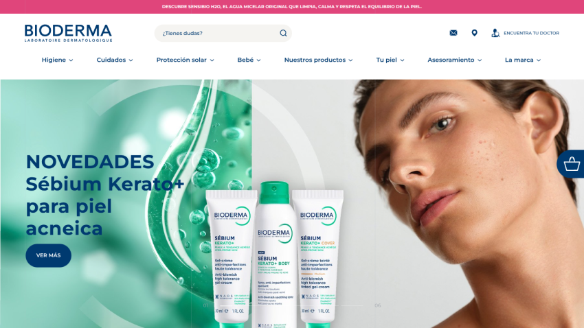 Bioderma skincare homepage featuring Sébium Kerato+ products for acne-prone skin with a model and product details