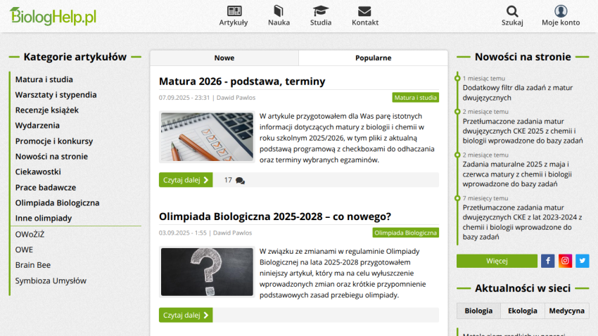 BiologHelp.pl homepage with article categories, recent articles on biology exams and olympiads, and site news updates