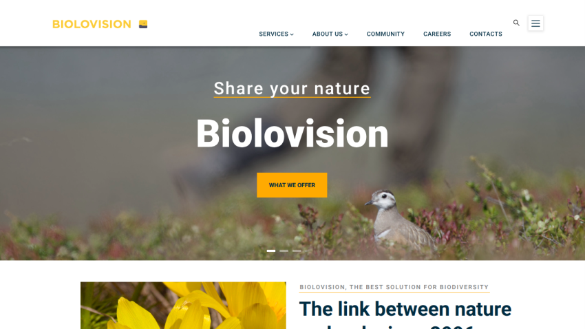 Biolovision homepage with nature-themed hero image and headline 'Share your nature Biolovision' with a call-to-action button