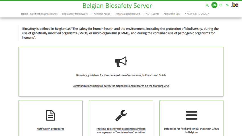 Belgian Biosafety Server homepage with biosafety definition, guidelines links, and navigation menu