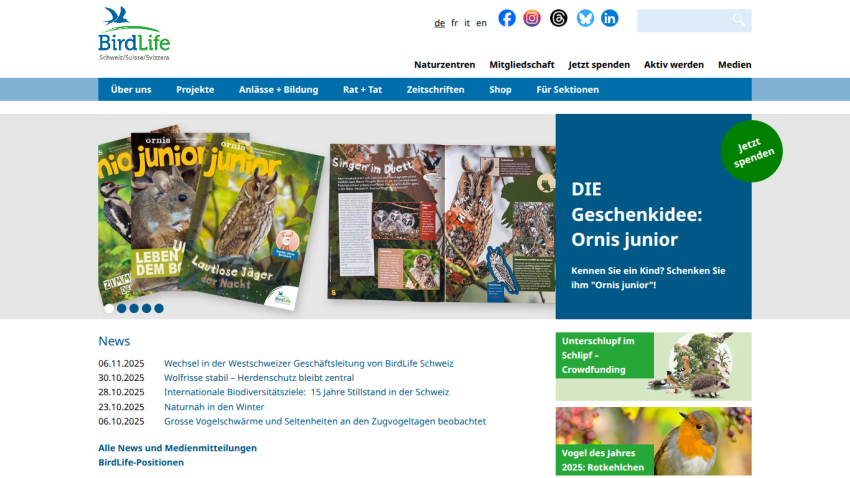 BirdLife Schweiz homepage featuring Ornis junior magazine gift idea and recent news updates