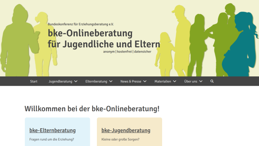 bke-Onlineberatung website offering anonymous, free, and secure online counseling for youth and parents with navigation menu
