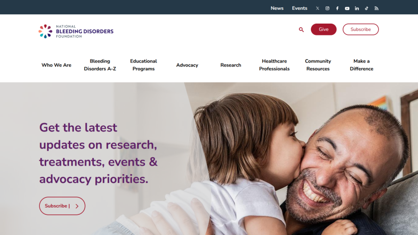 National Bleeding Disorders Foundation homepage with navigation and a hero section promoting updates on research, treatments, events, and advocacy