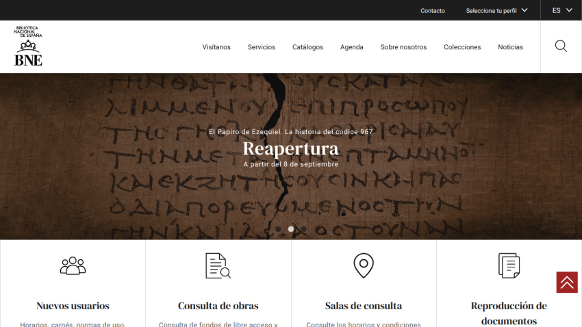 Homepage of BNE featuring the word 'Reapertura' and navigation options.
