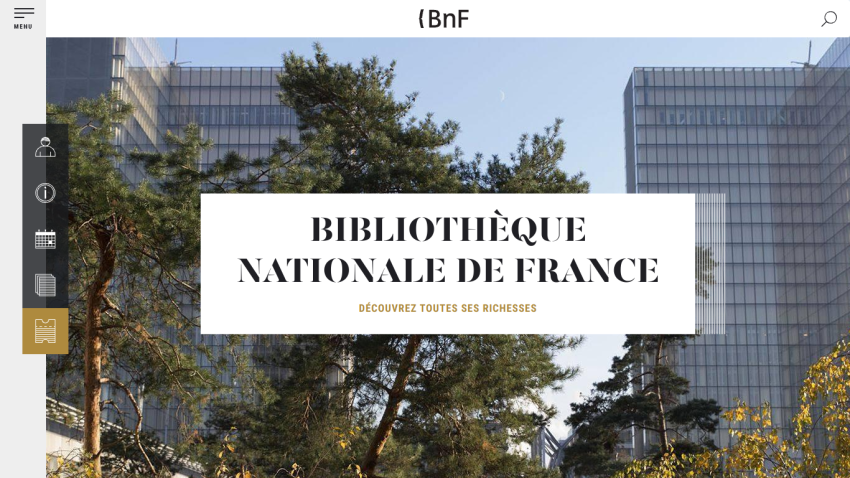 Homepage of Bibliothèque Nationale de France featuring a modern building and trees.
