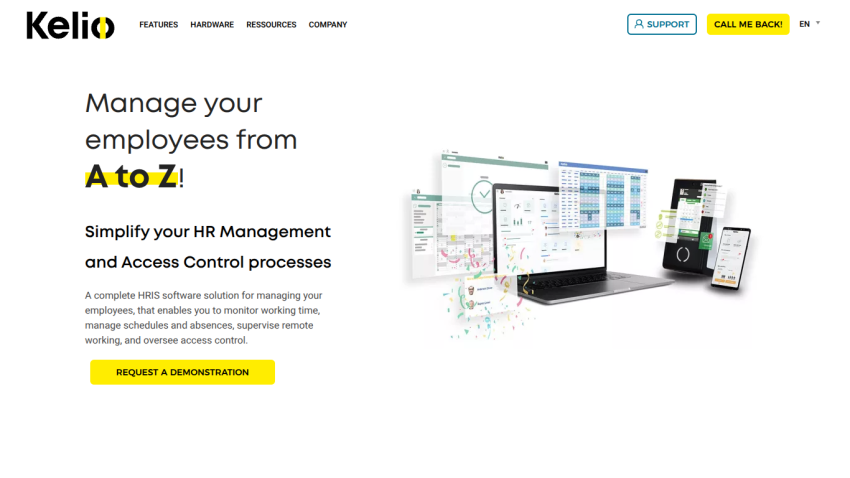 Kelio HR software homepage with headline 'Manage your employees from A to Z' and a call to action button for demonstration