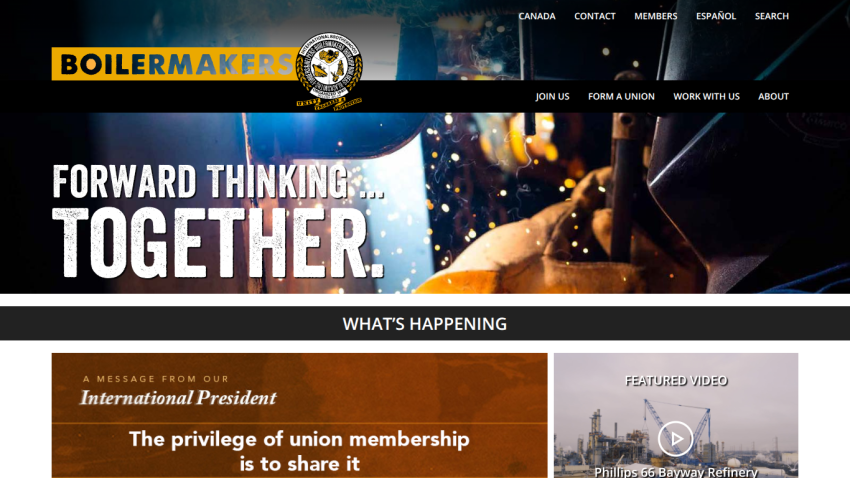 Boilermakers union website with navigation, slogan 'Forward Thinking... Together.', and sections for news and featured video