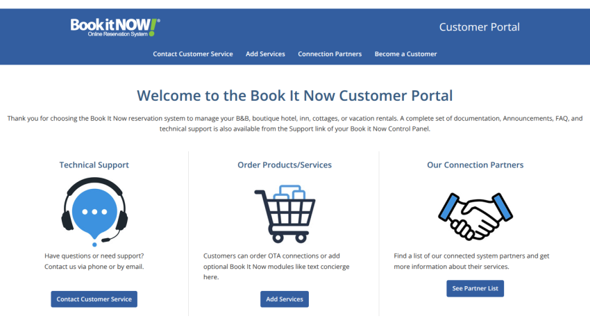 Book It Now Customer Portal welcome page with options for technical support, ordering services, and connection partners