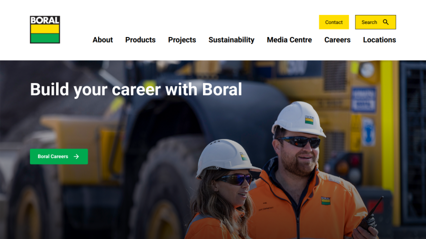 Career page hero section with two workers in safety gear and a call to action to build a career with Boral