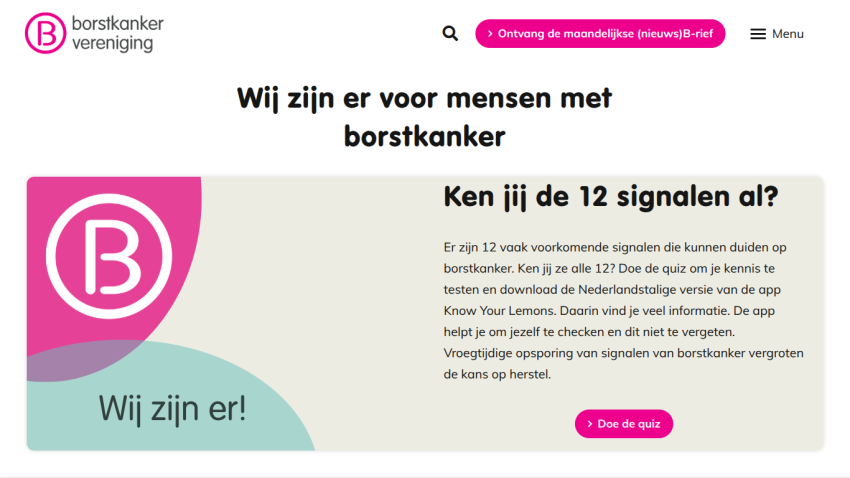 Breast cancer support site with quiz invitation about 12 common signals and app download info