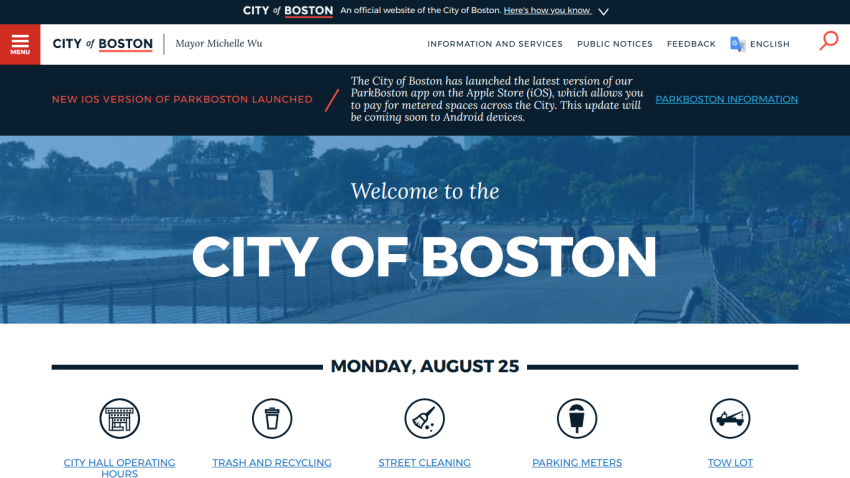Welcome message for the City of Boston with date and service links.