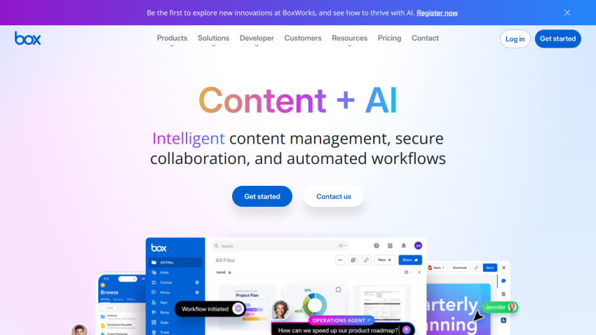 Box homepage featuring 'Content + AI' with a call to action and product visuals.