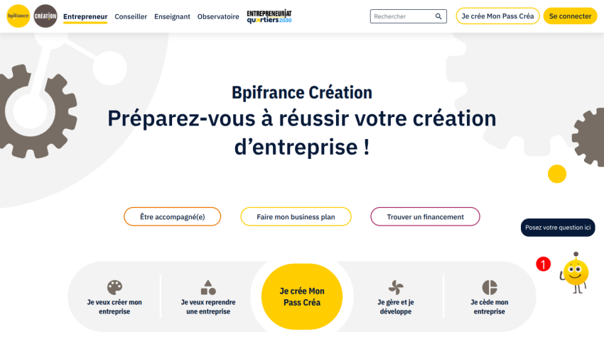 BpiFrance Création website promoting business creation support with key services displayed.