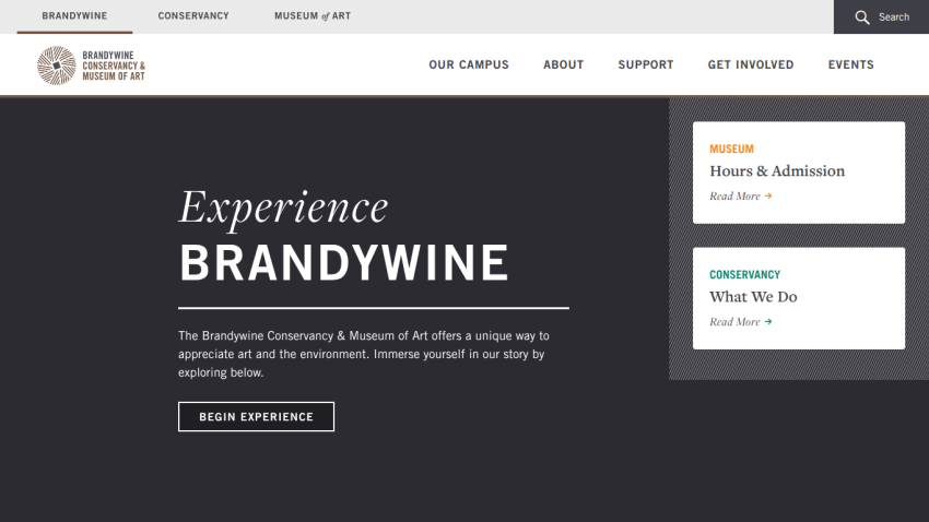 University of Pennsylvania's College of Arts & Sciences homepage with Experience Brandwine headline and Begin Experience button