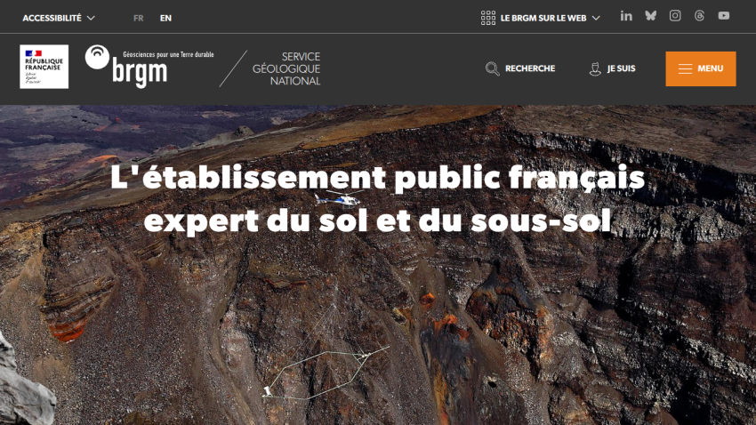 Homepage of BRGM, featuring a large image and text about expertise in soil and underground.