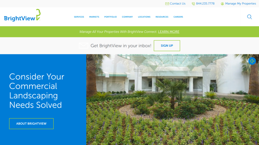 Commercial landscaping services with a call to action to learn about BrightView