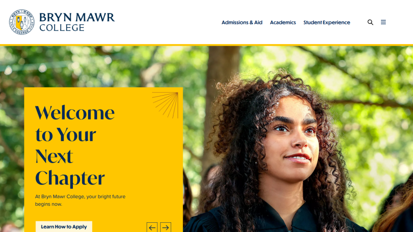 Homepage of Bryn Mawr College featuring a welcome message and student image.