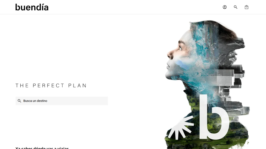 Travel planning website with search bar to find destinations and artistic double exposure profile image