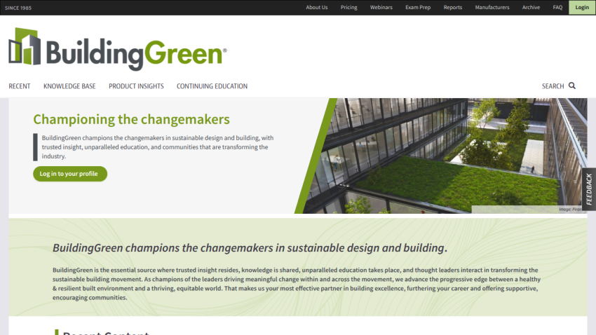 BuildingGreen website showcasing sustainable design with a prominent headline and call to action.