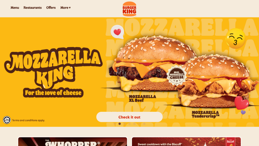 Burger King Mozzarella King promotion with Mozzarella XL Beef and Mozzarella Tendercrisp sandwiches and a call to action button
