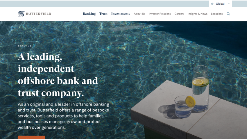Butterfield offshore bank homepage with navigation and hero text about bespoke banking and trust services over a pool background.